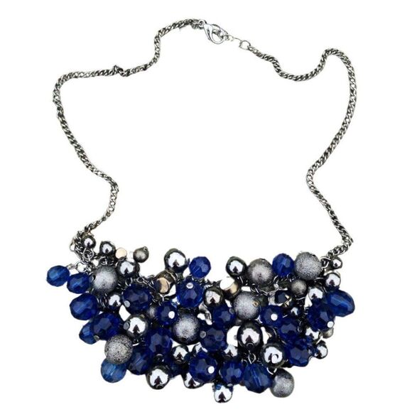 NWT Vintage Chunky Cluster Blue Gun Metal Beaded Cocktail Statement Necklace Bib - Picture 4 of 4